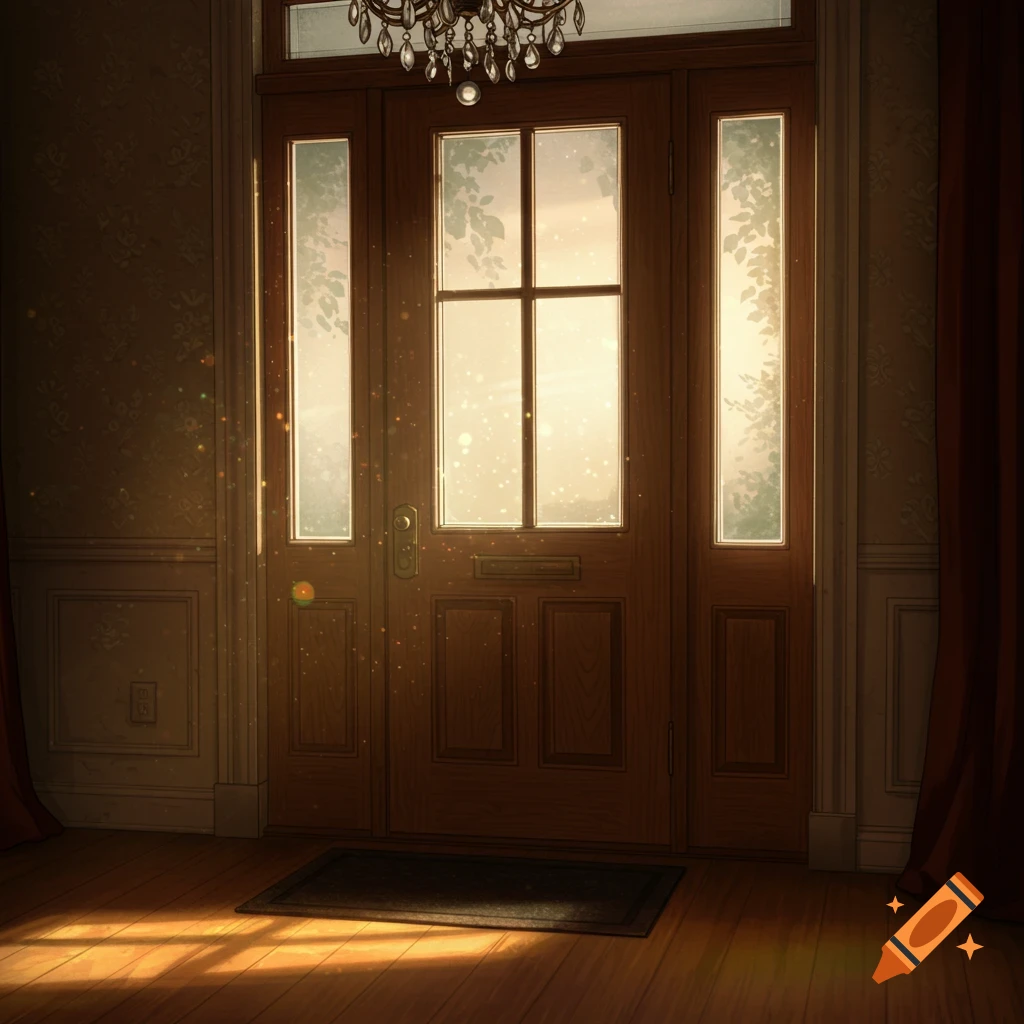 A warm, sunlit interior view of a wooden front door with glass panels and a chandelier, shining on a wooden floor.