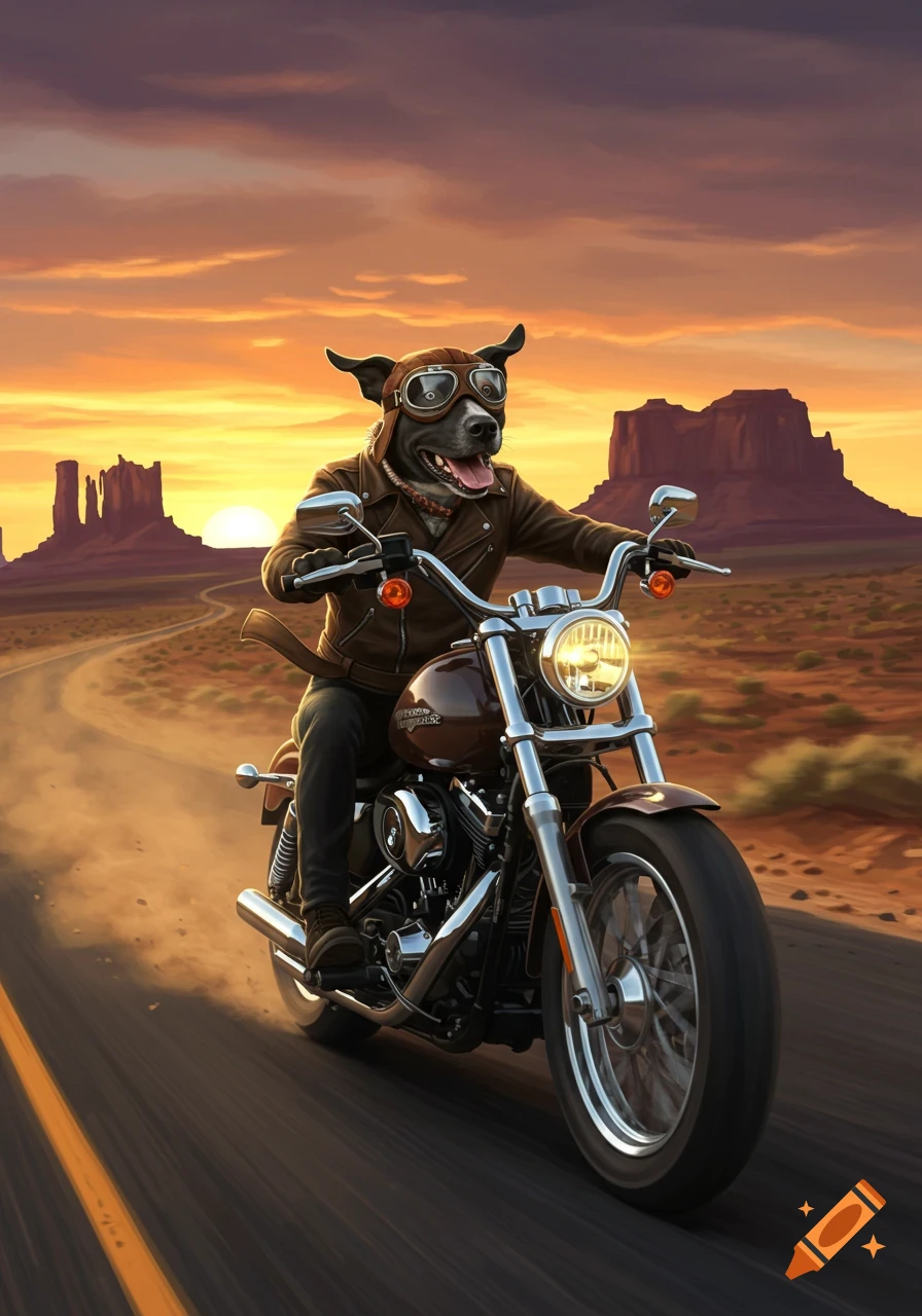 A cool dog in a leather jacket and goggles rides a motorcycle down a desert road at sunset.