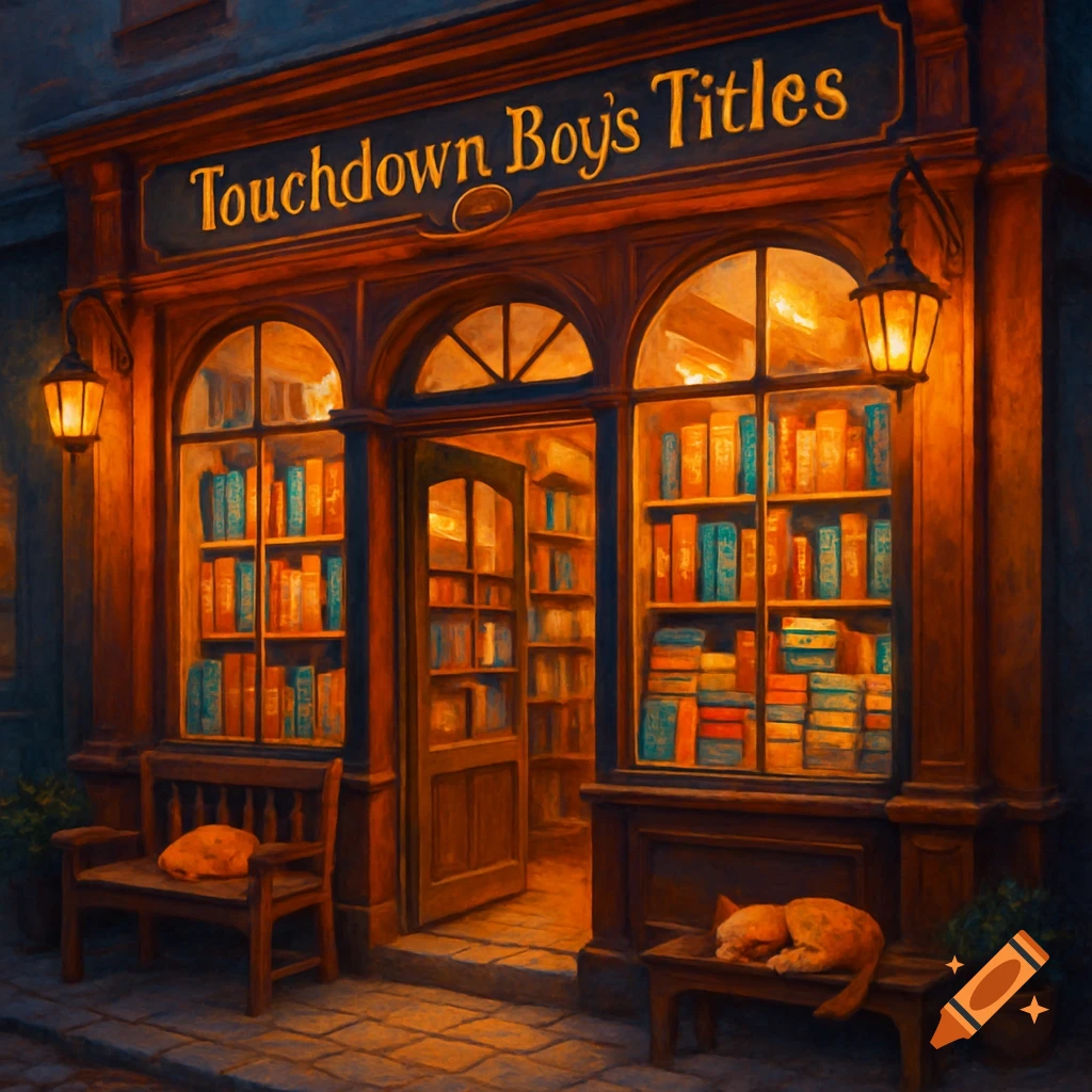 A cozy, warmly lit bookstore at night, with two sleeping cats on benches outside. The sign reads 'Touchdown Boy's Titles'.