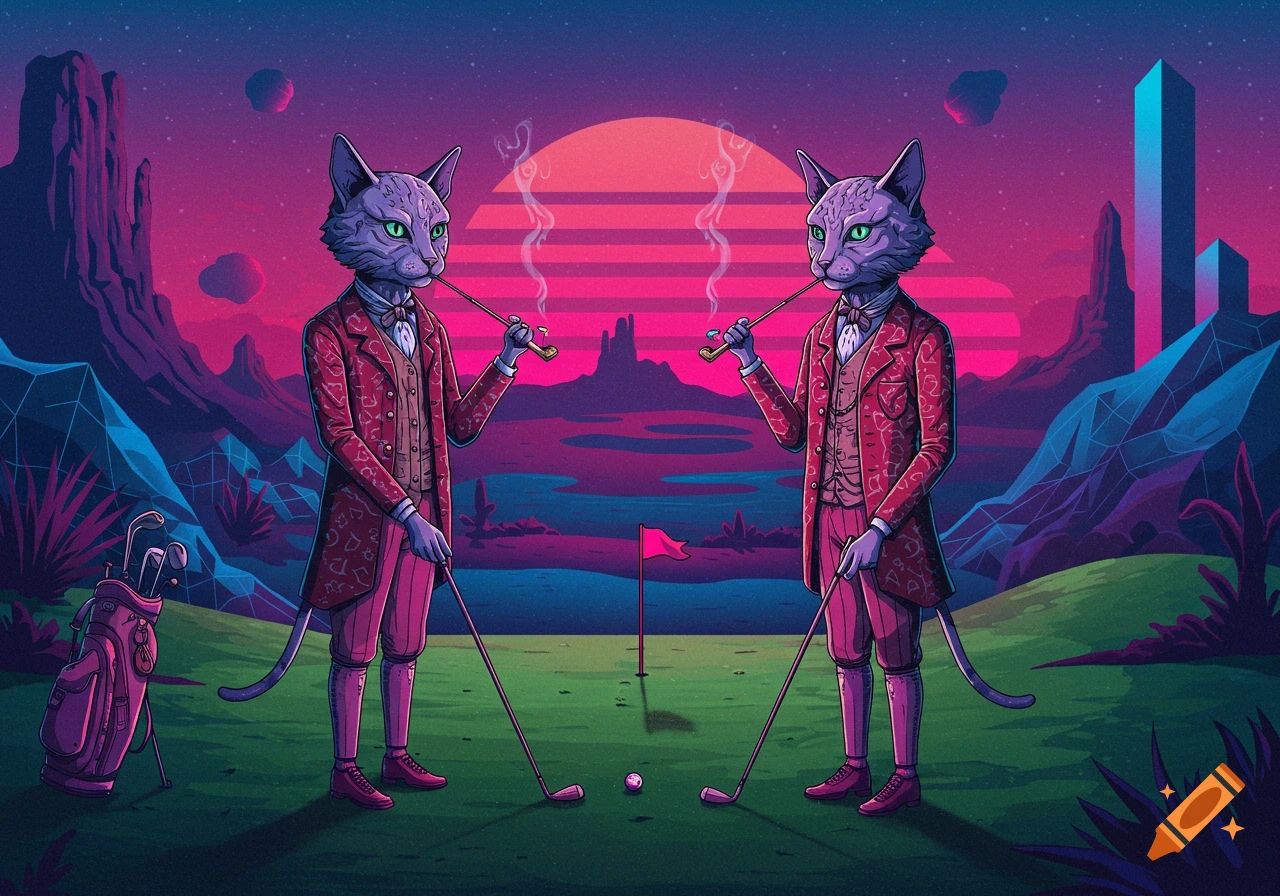 Two anthropomorphic cats in Victorian suits smoke pipes while playing golf on a course against a vaporwave sunset and alien landscape.