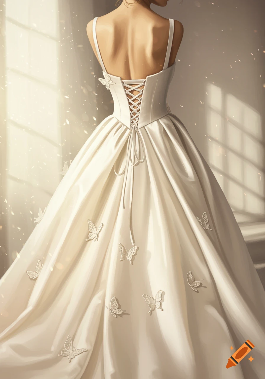 Back view of a woman in a cream wedding dress with a laced corset, delicate straps, and butterflies on the skirt, in sunlight.
