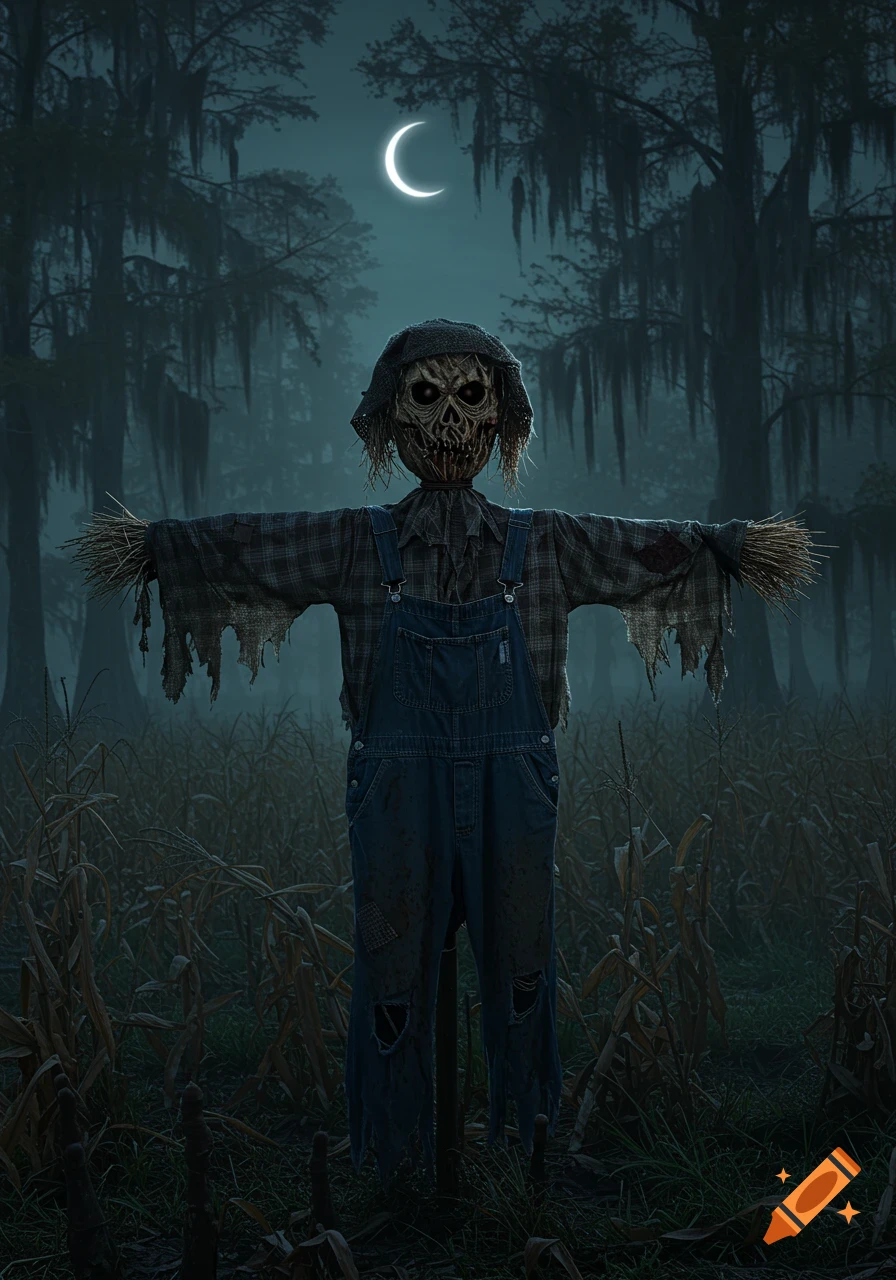 A creepy scarecrow with a skull-like face and glowing eyes stands in a misty, dark swamp under a crescent moon.