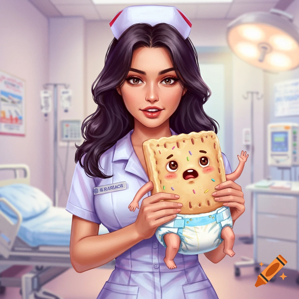 A cartoon nurse with dark hair cradles a pop tart character wearing a diaper in a hospital room.