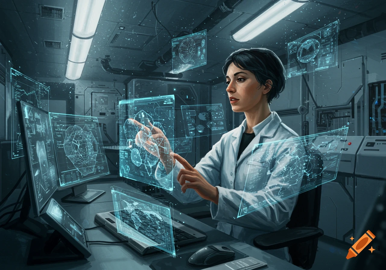 A female scientist in a lab coat interacts with multiple glowing holographic screens and monitors in a futuristic lab.