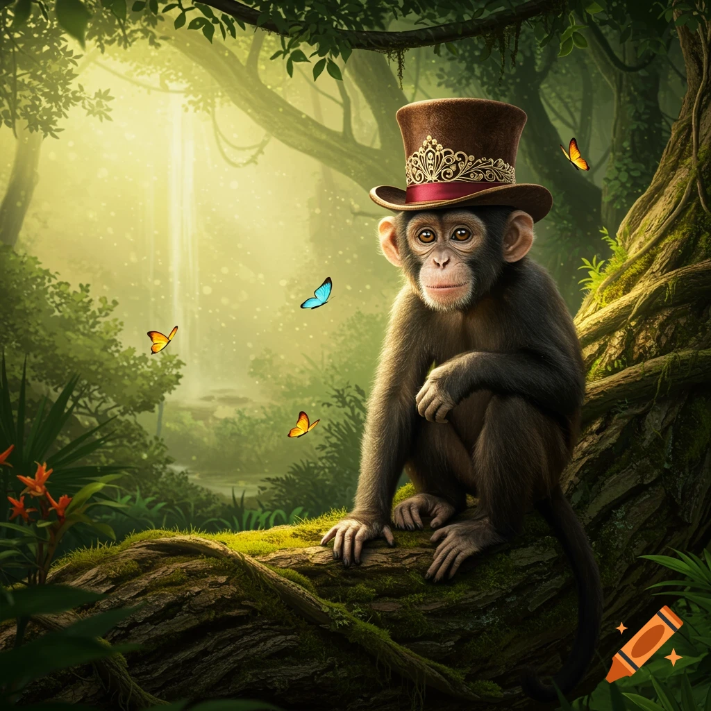 A cute monkey wearing a fancy brown top hat with gold designs sits on a mossy log in a vibrant jungle with a waterfall and butterflies.