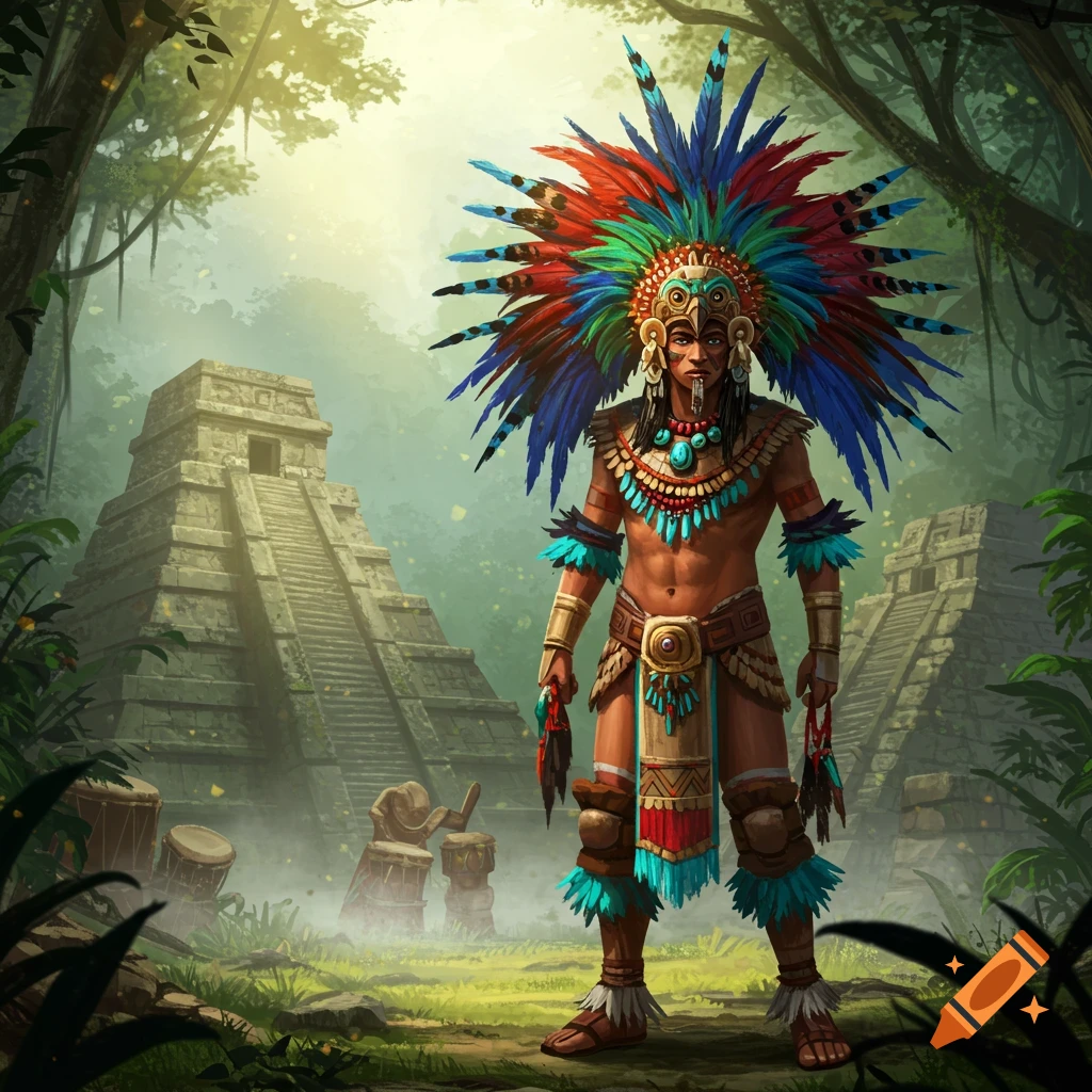 A man in vibrant Aztec feathered attire and jewelry stands in a lush jungle with ancient pyramids.