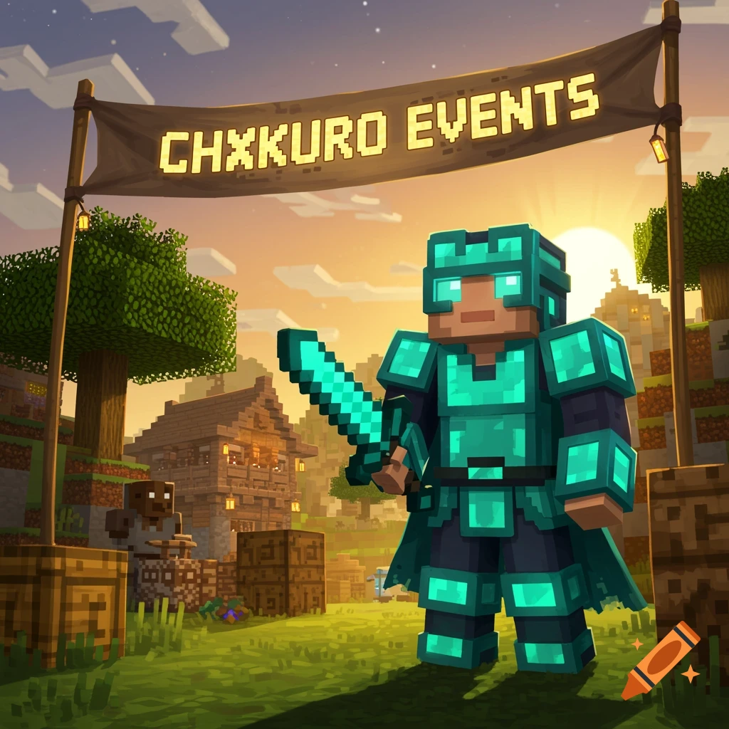 A Minecraft character in full diamond armor holding a sword stands in a blocky village at sunset under a banner reading 'CHXKURO EVENTS'.