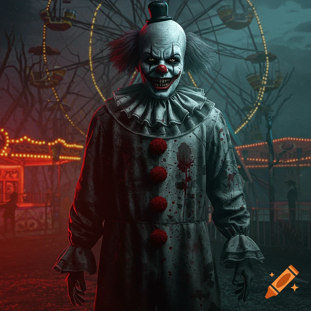 A menacing clown with white face paint, a red nose, and blood-splattered costume stands in a dark, abandoned amusement park at night.