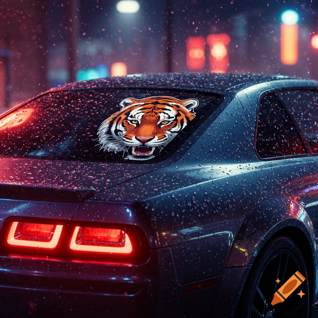 Photorealistic image of the back of a dark car on a rainy night, with a tiger head sticker on the rear windshield and glowing taillights.