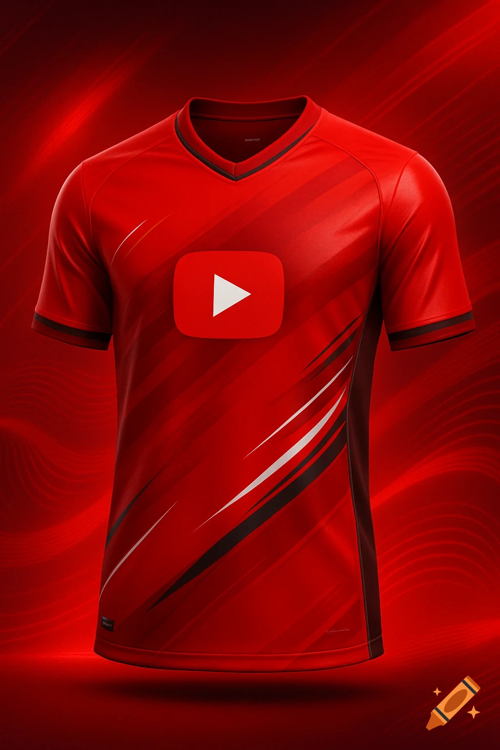 A vibrant red football jersey with a prominent YouTube play button logo on the chest, against a red wavy background.