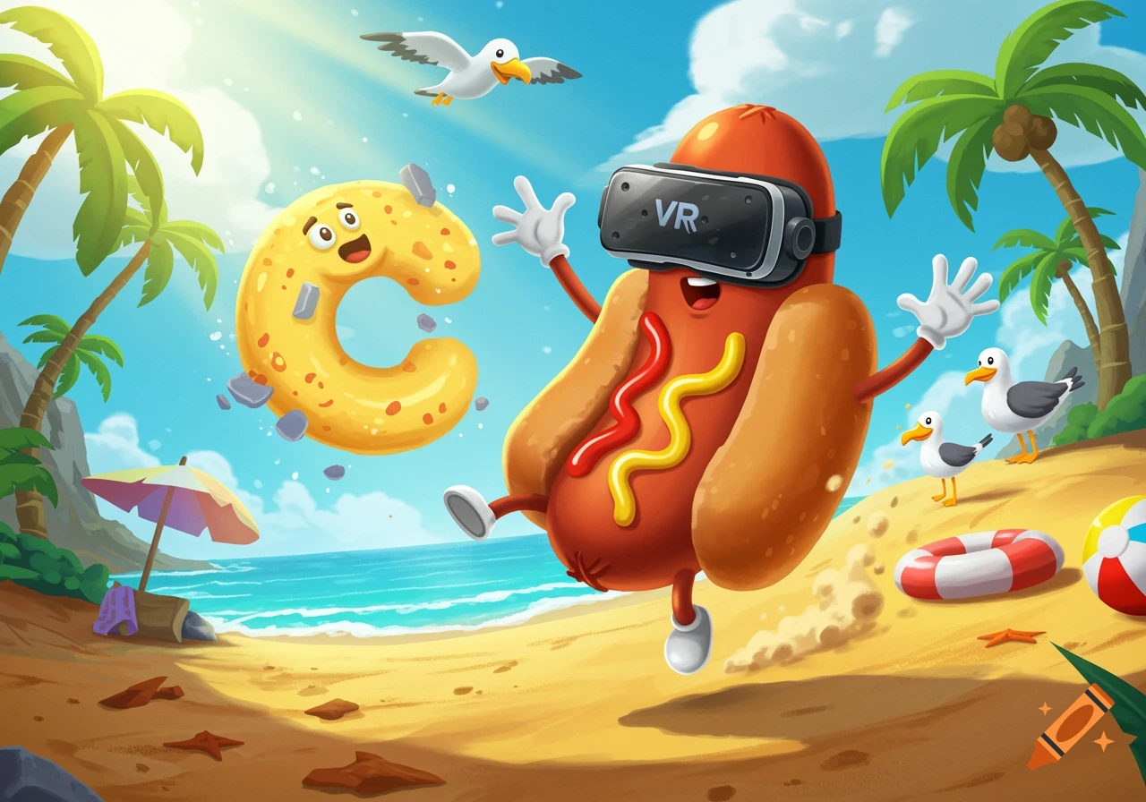 A whimsical cartoon hot dog wearing a VR headset dances on a sunny beach with seagulls and palm trees.