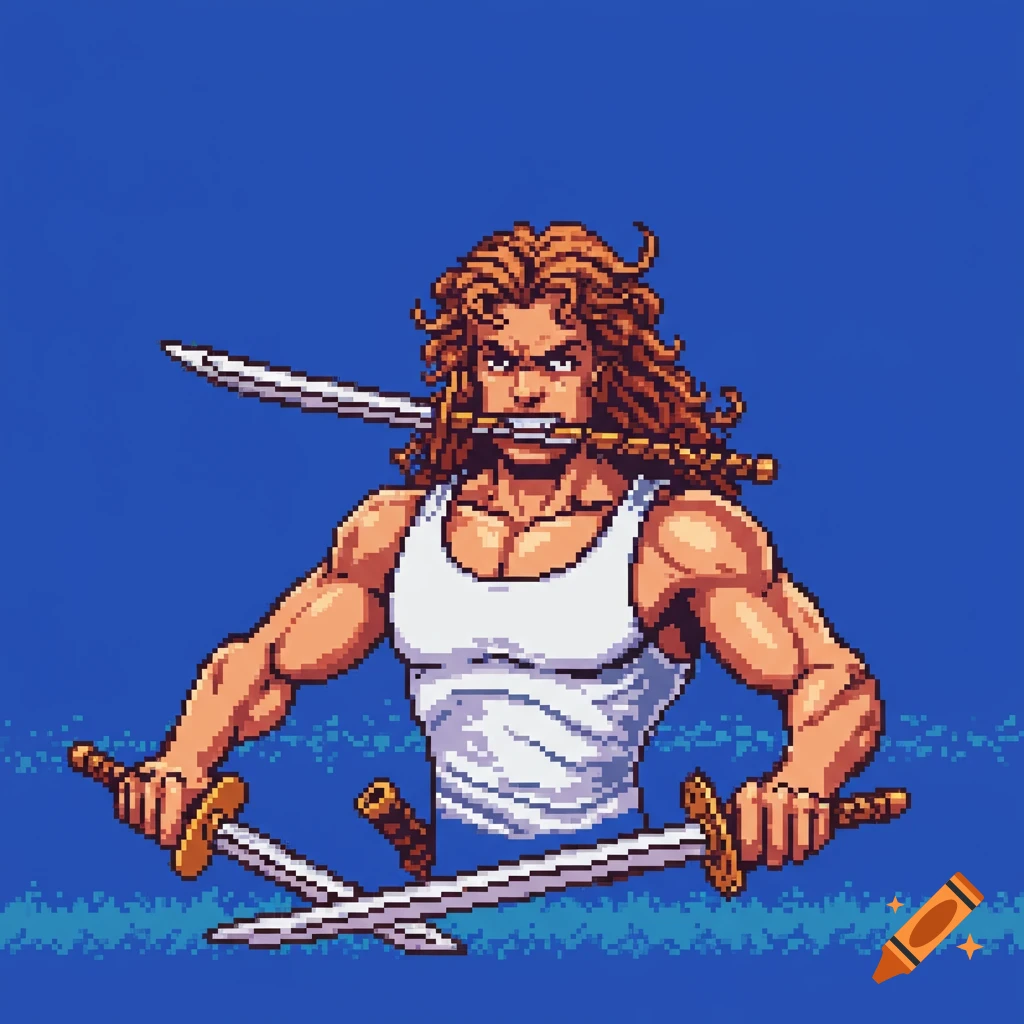 Pixel art of a muscular character with long curly hair, holding two swords and biting another.