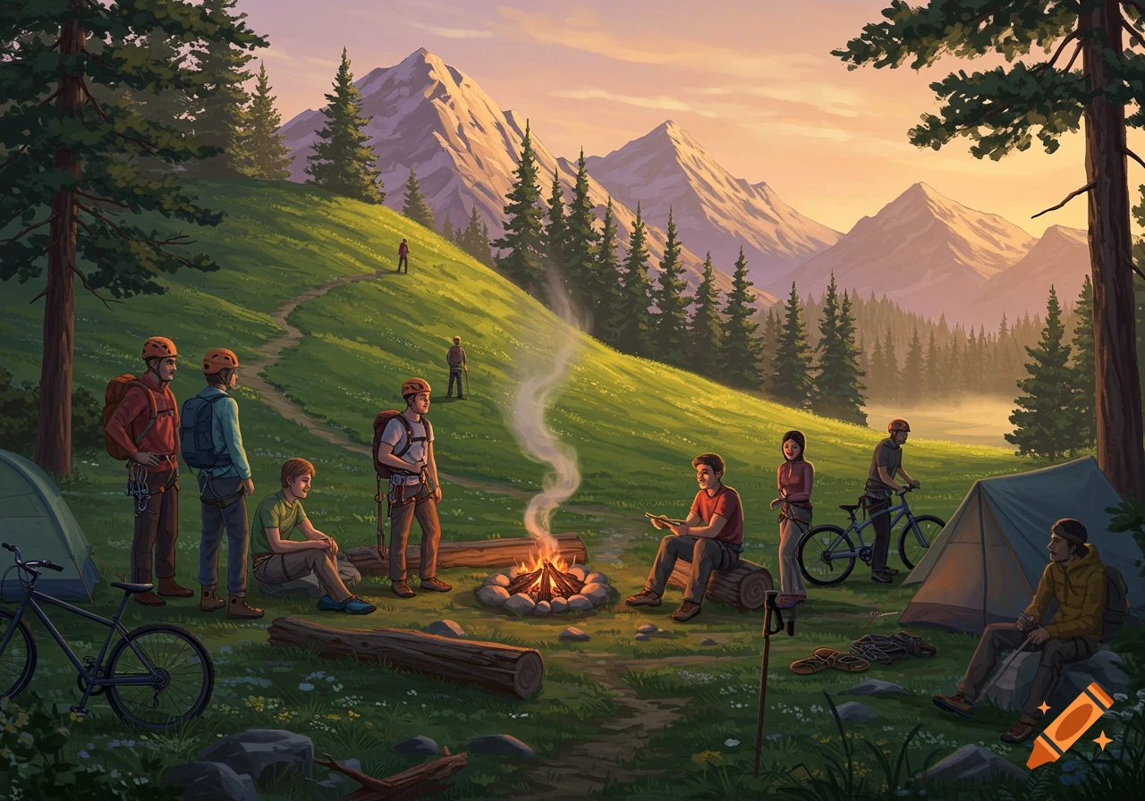 An illustration of a group of adventurers camping in a mountainous landscape at sunset, with tents, bikes, and a campfire.