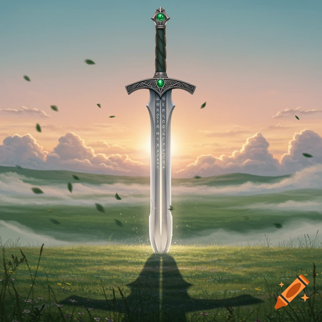 A magical sword with green gems and runes embedded in a grassy field at sunrise, with leaves blowing.