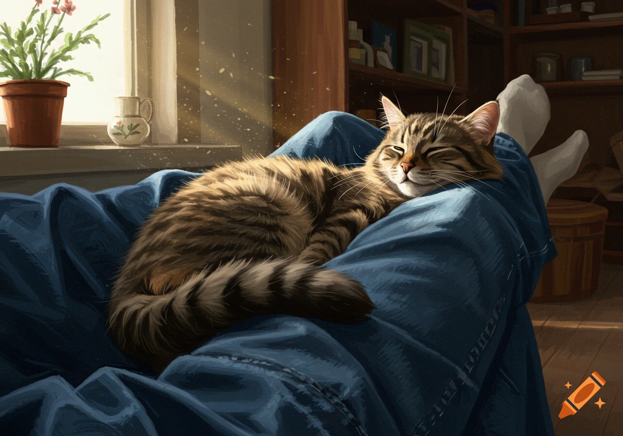 A tabby cat curled up and sleeping peacefully on a person's lap in a sunlit room, digital painting.