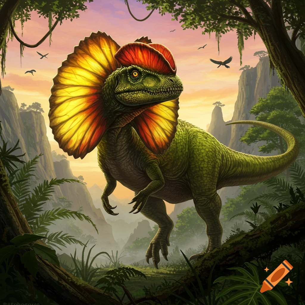 A vibrant green Dilophosaurus with a large, colorful frill stands in a lush prehistoric jungle at sunset.
