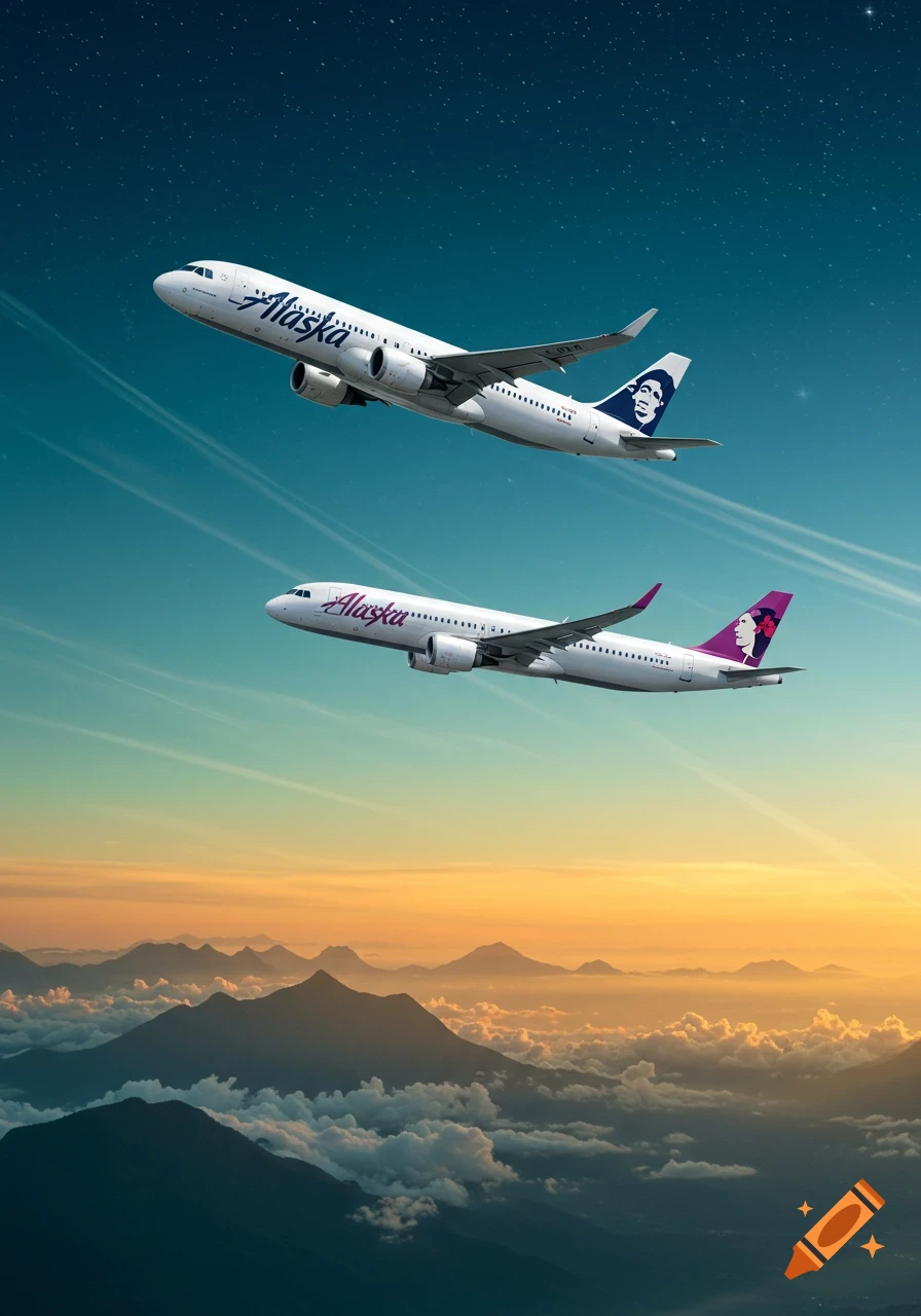 Two airplanes, one with blue and one with purple branding, fly above a range of mountains partly covered by clouds at sunrise or sunset.