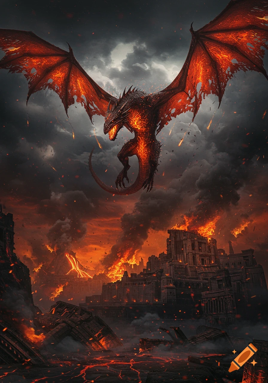 A massive, glowing dragon with torn wings flies over a ruined city engulfed in fire and smoke under a stormy, fiery sky.