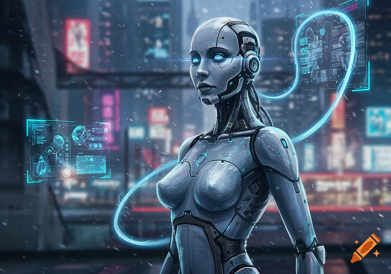 A detailed, realistic female cyborg with glowing blue eyes and metallic skin stands in a neon-lit cyberpunk city, with holographic displays floating around her.
