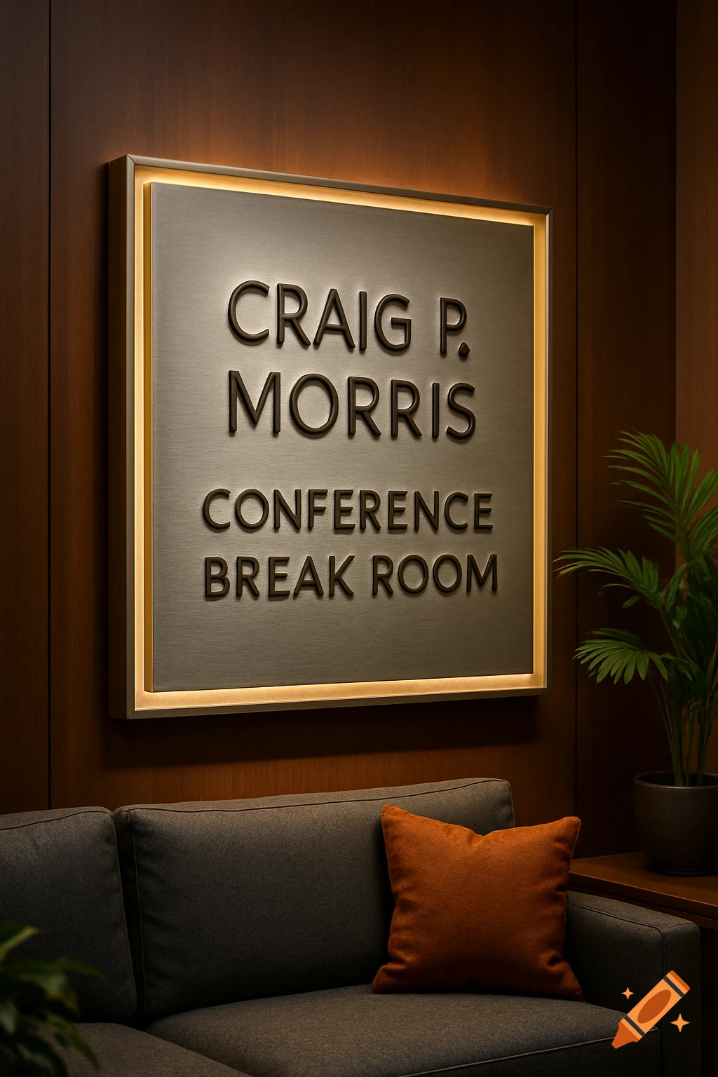 A close-up shot of a modern conference break room sign with warm backlighting, a grey couch, and a plant.