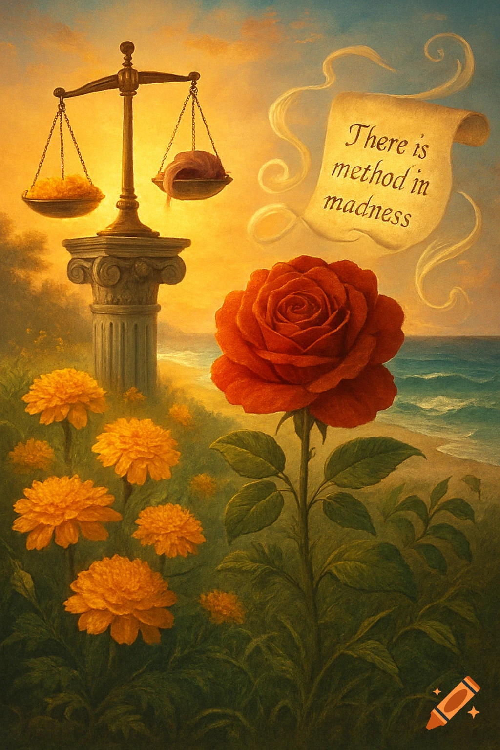 A painterly image depicts a scale of justice, a large red rose, yellow flowers, and a scroll with "There is method in madness" by an ocean at sunset.