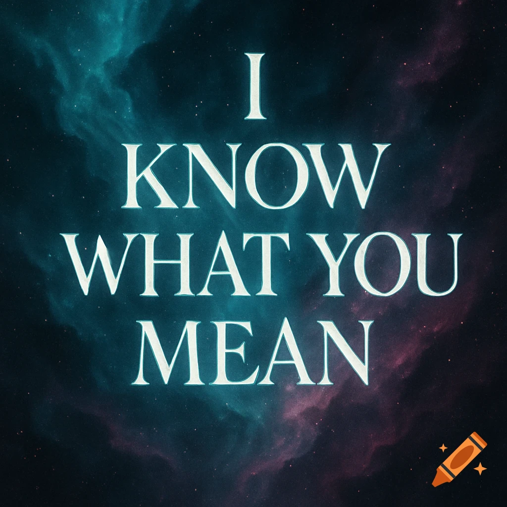 White text 'I KNOW WHAT YOU MEAN' glowing against a dark blue and pink nebula background.