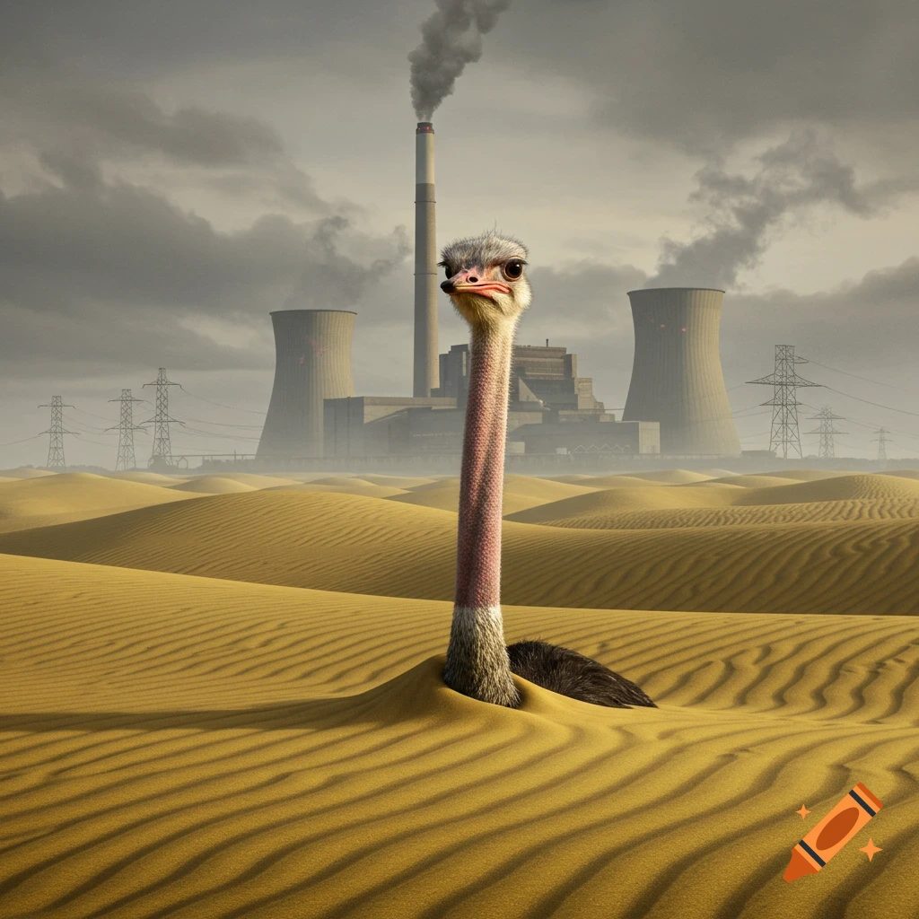 A photorealistic image of an ostrich with its head sticking out of the sand, set against a backdrop of a power station and power lines under a cloudy sky.