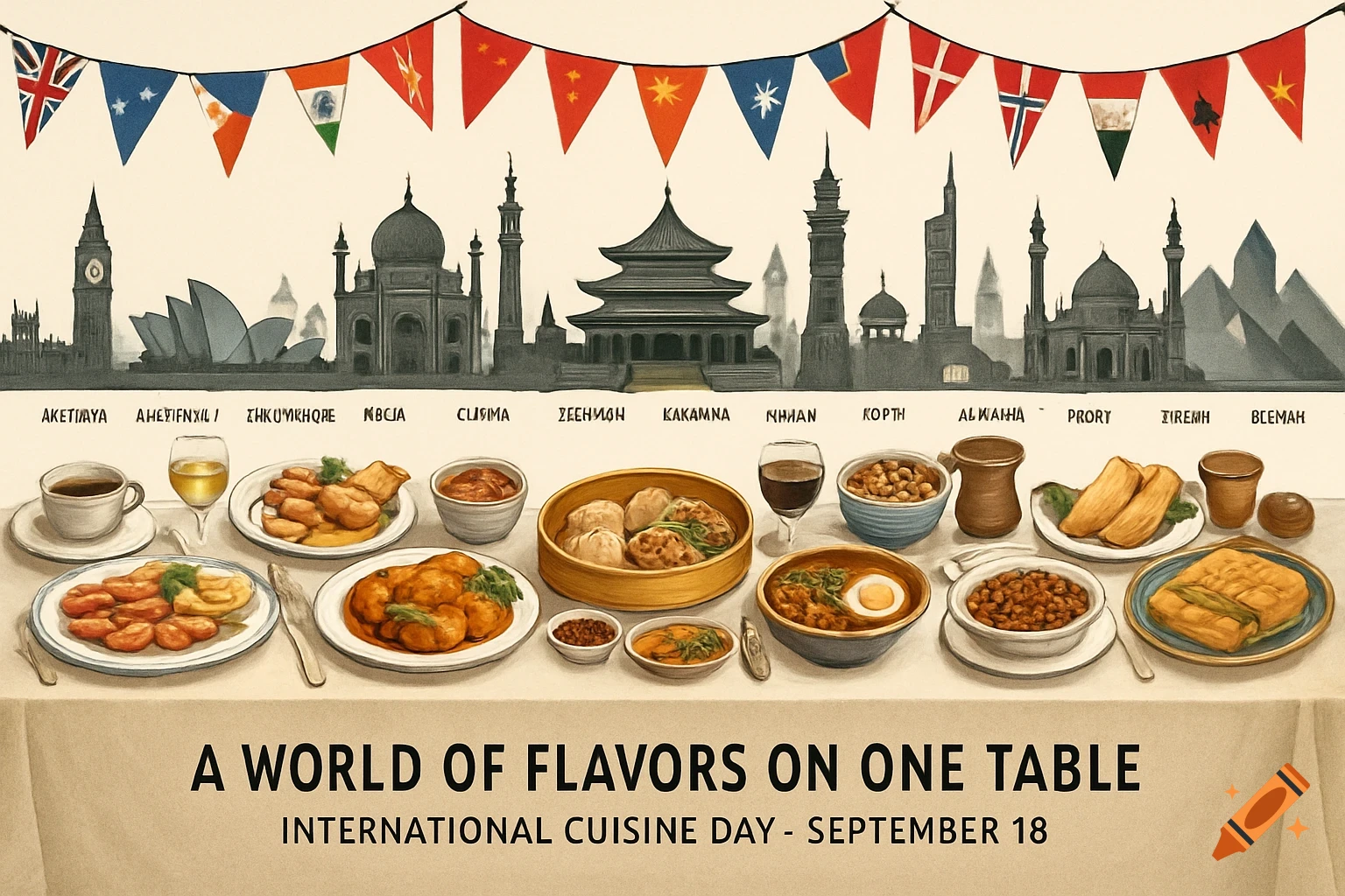 A global feast table with various dishes. Above are silhouettes of world landmarks and a garland of international flags. Text reads "A WORLD OF FLAVORS ON ONE TABLE" and "INTERNATIONAL CUISINE DAY - SEPTEMBER 18".