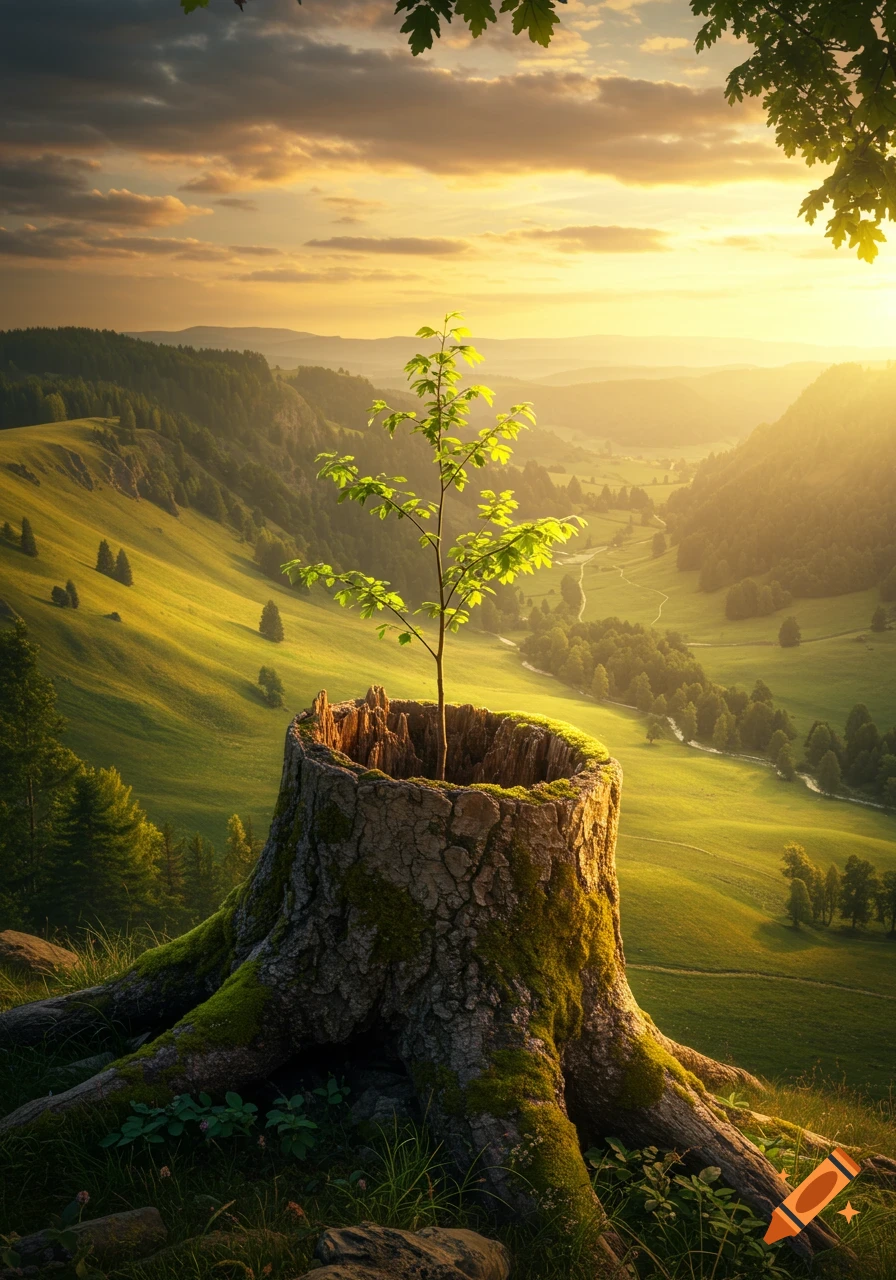 A vibrant sapling grows from a mossy tree stump, overlooking a lush, sunlit valley with rolling hills and a golden sky at sunset.