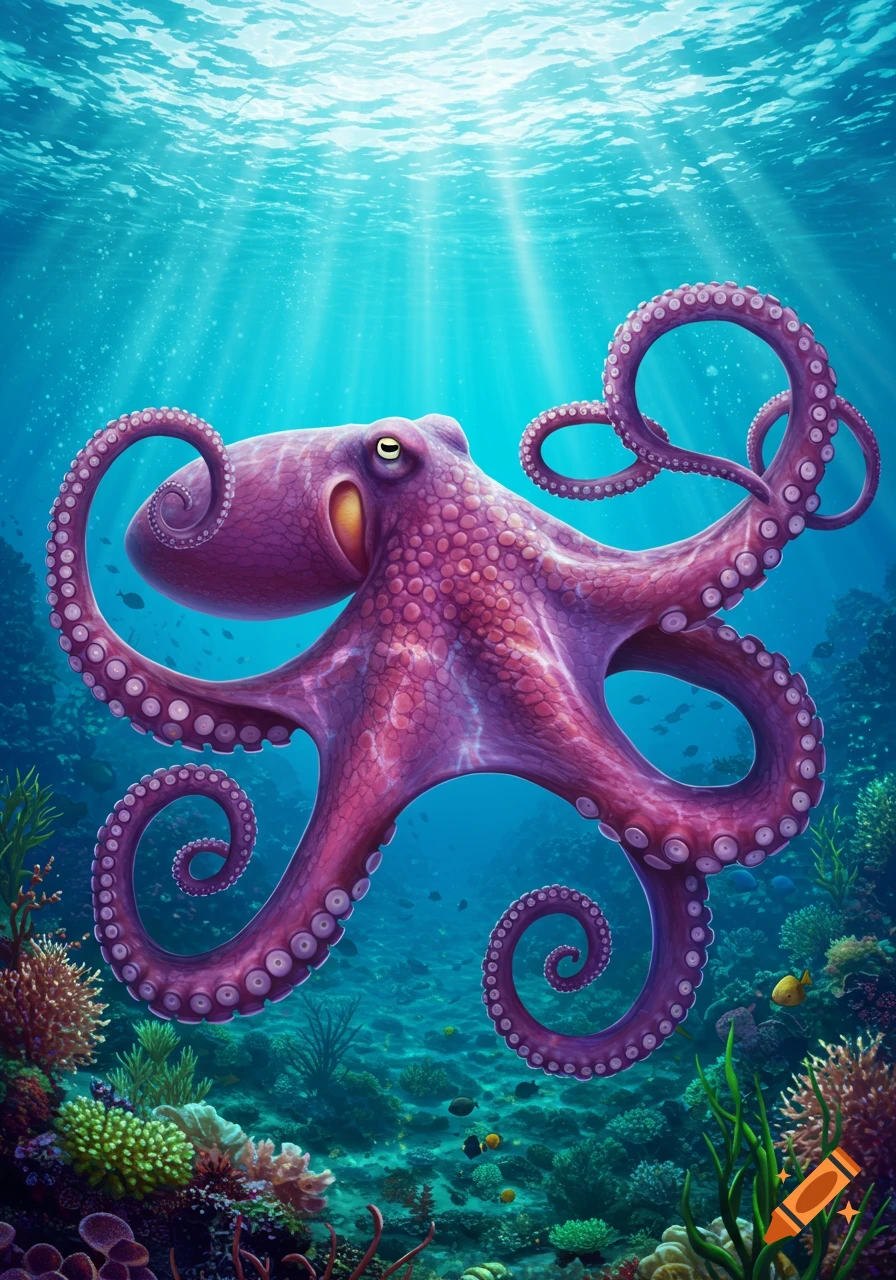 A detailed illustration of a vibrant purple octopus swimming above a coral reef, with sun rays piercing the blue water from above.