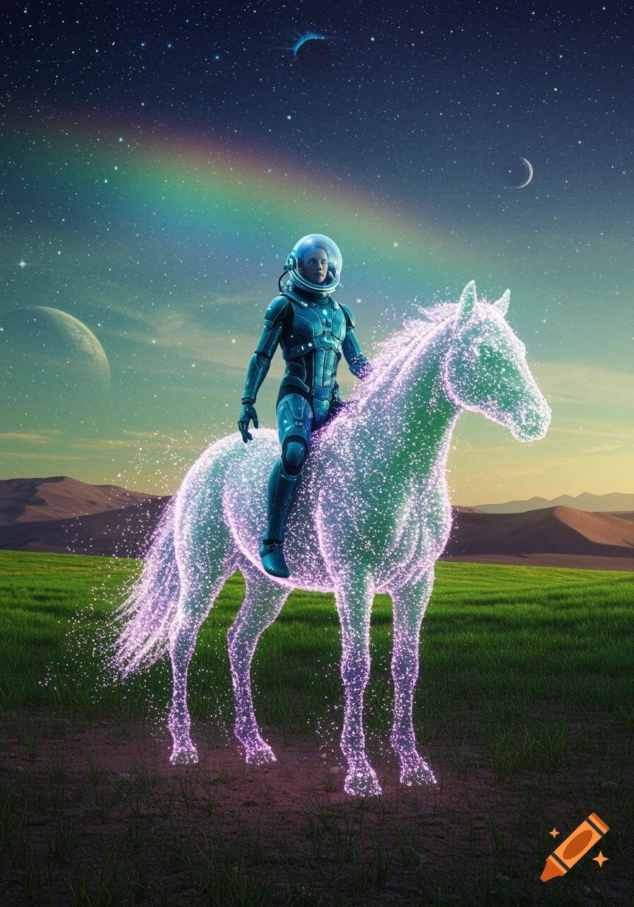 Astronaut rides a glowing, ethereal horse across an alien landscape with green fields, purple dunes, and a rainbow sky.