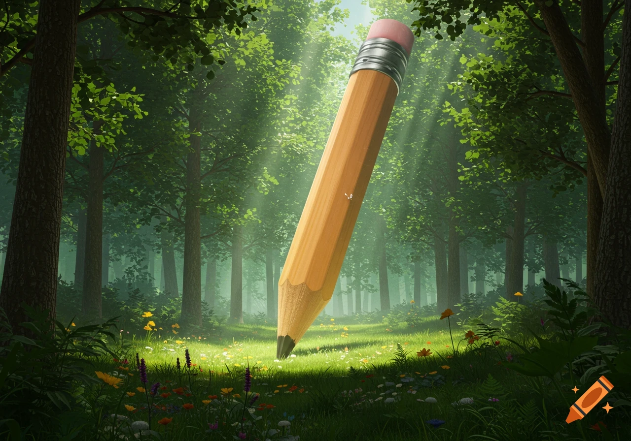 A giant pencil stands vertically in a lush, sun-dappled forest clearing with colorful wildflowers.