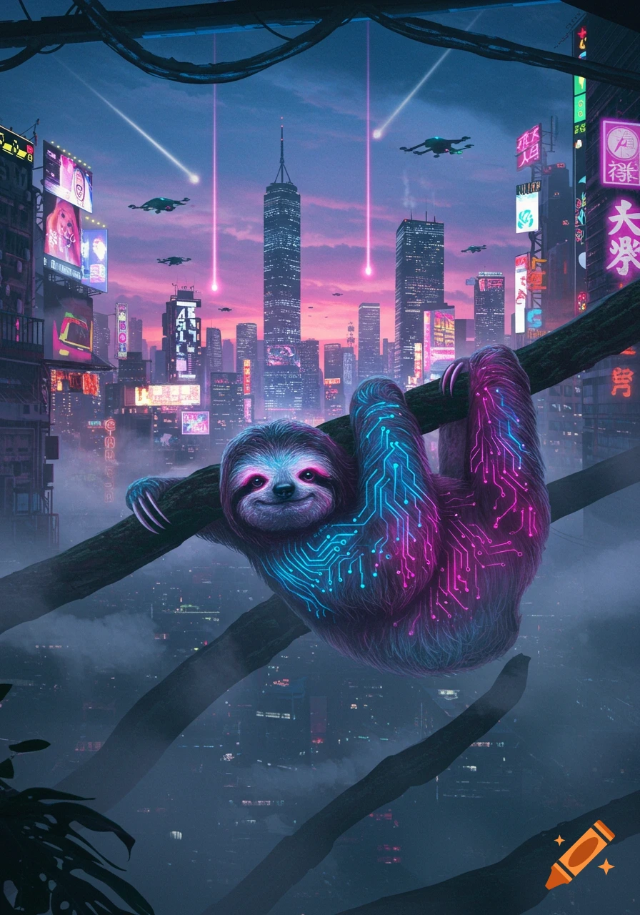 A glowing cyberpunk sloth with circuit patterns hangs from a branch, overlooking a futuristic city skyline with neon signs and flying vehicles at sunset.