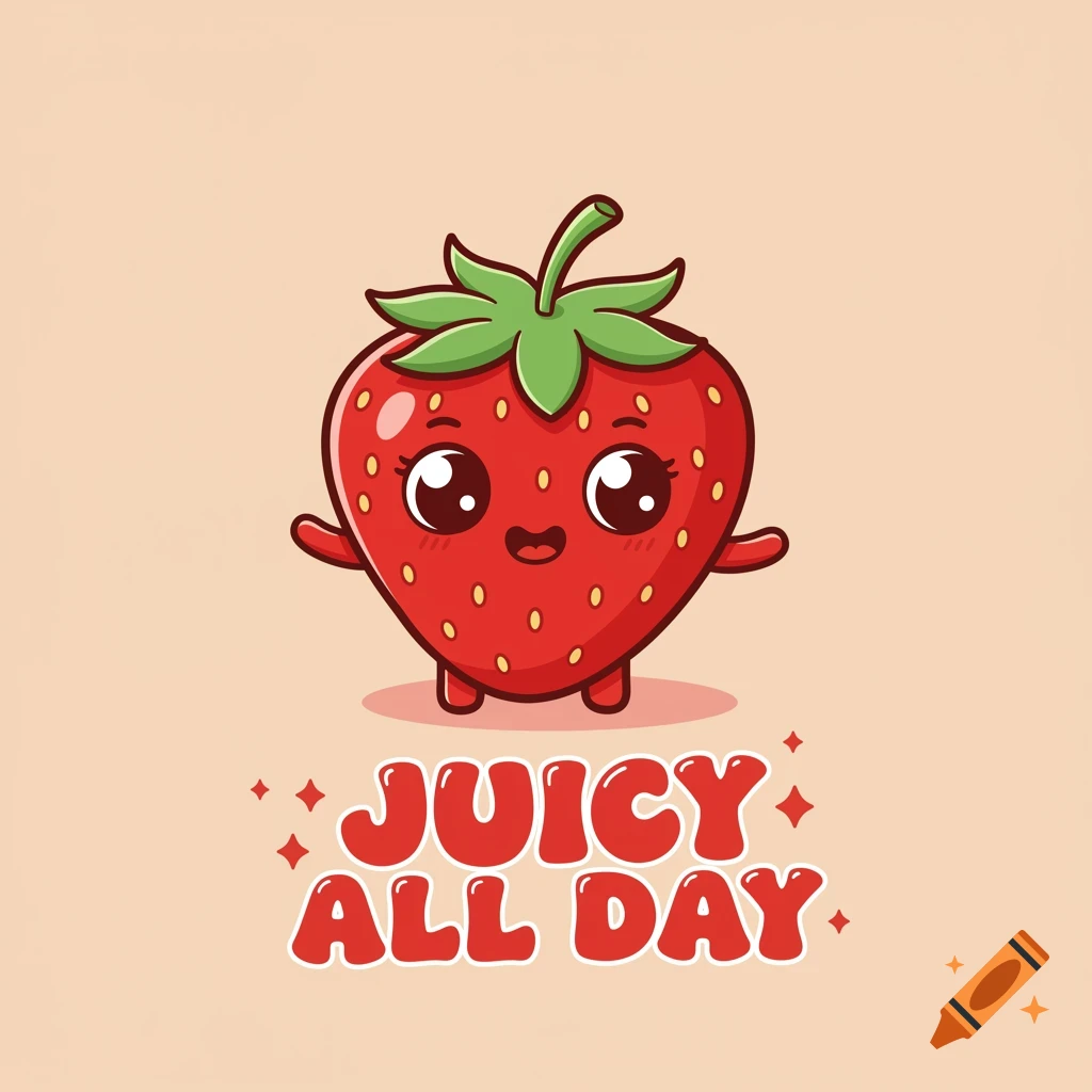 A cute, smiling cartoon strawberry with small arms and legs, standing above red text that reads 'JUICY ALL DAY' on a light peach background.