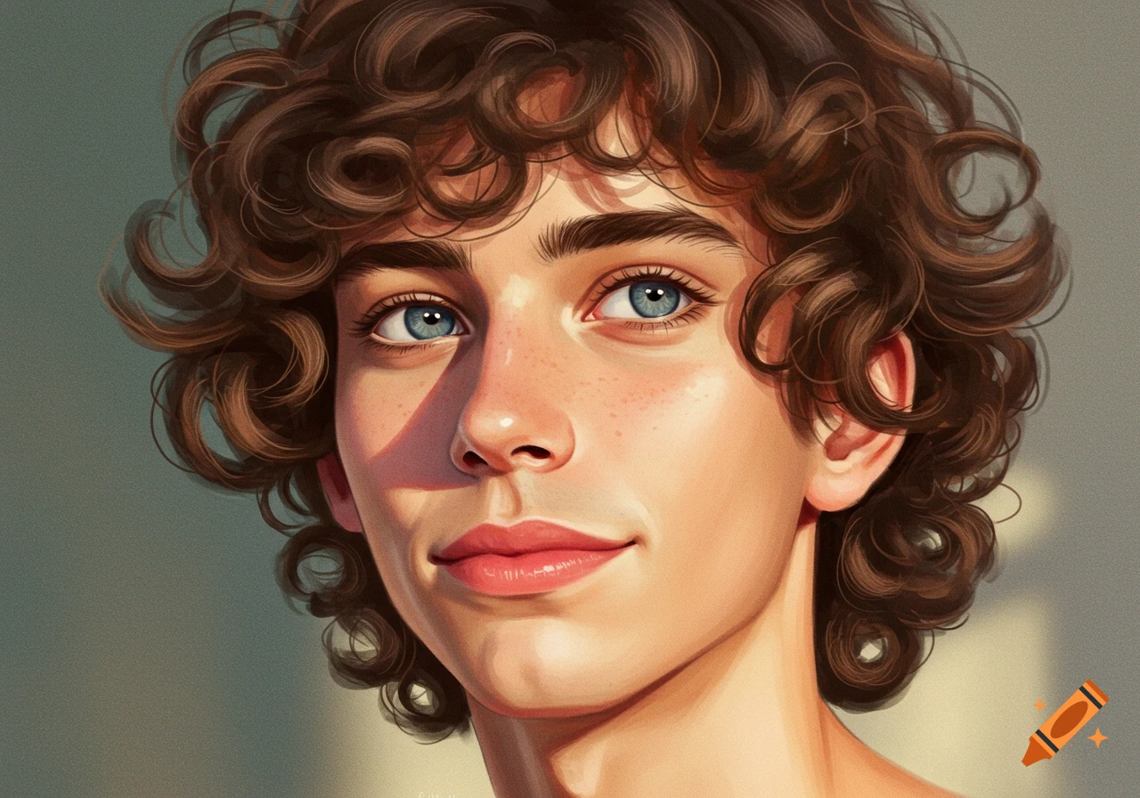 Digital art portrait of a young person with brown curly hair, blue eyes, and freckles, looking slightly left.