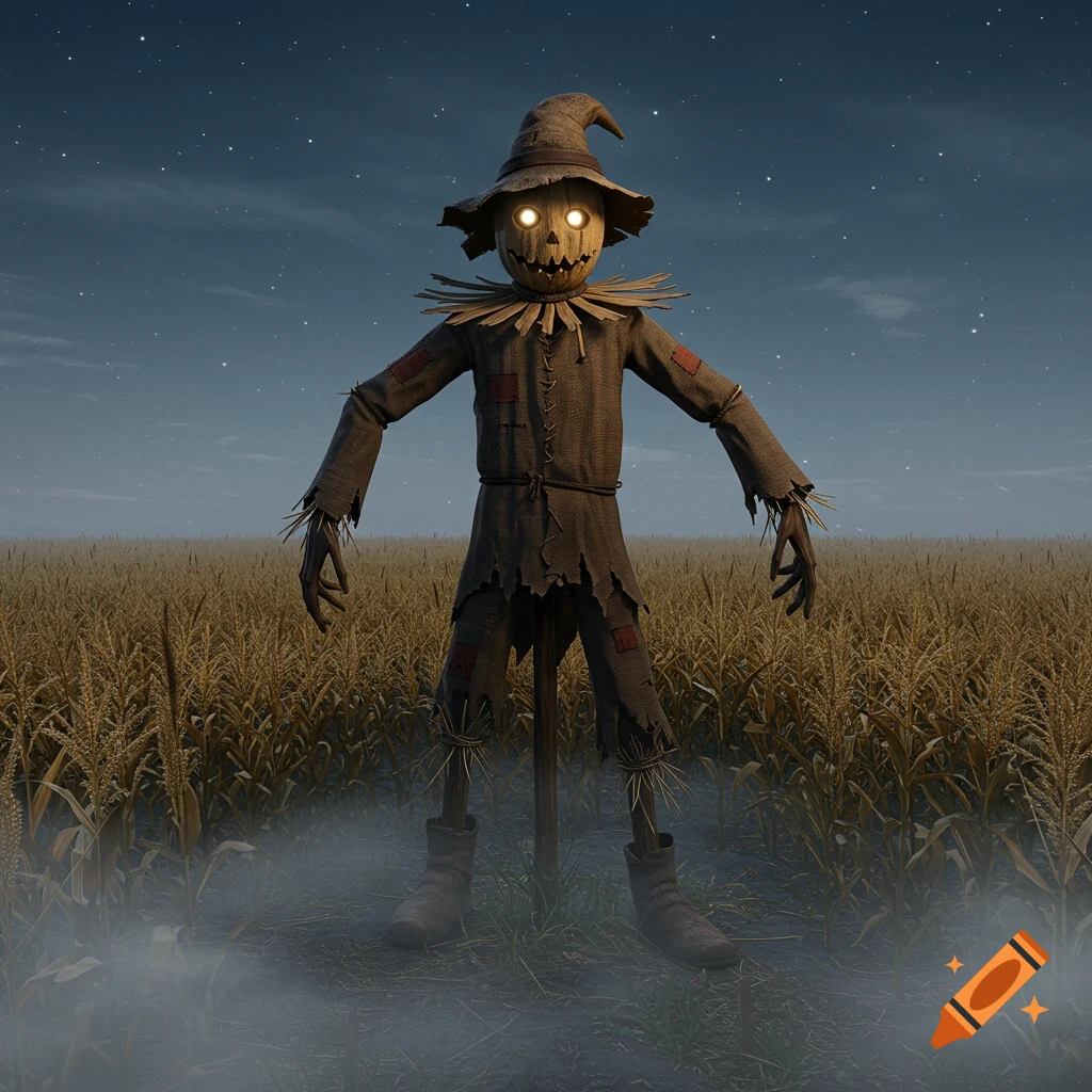 A spooky scarecrow with glowing eyes stands in a field at night under a starry sky, with mist around its feet.