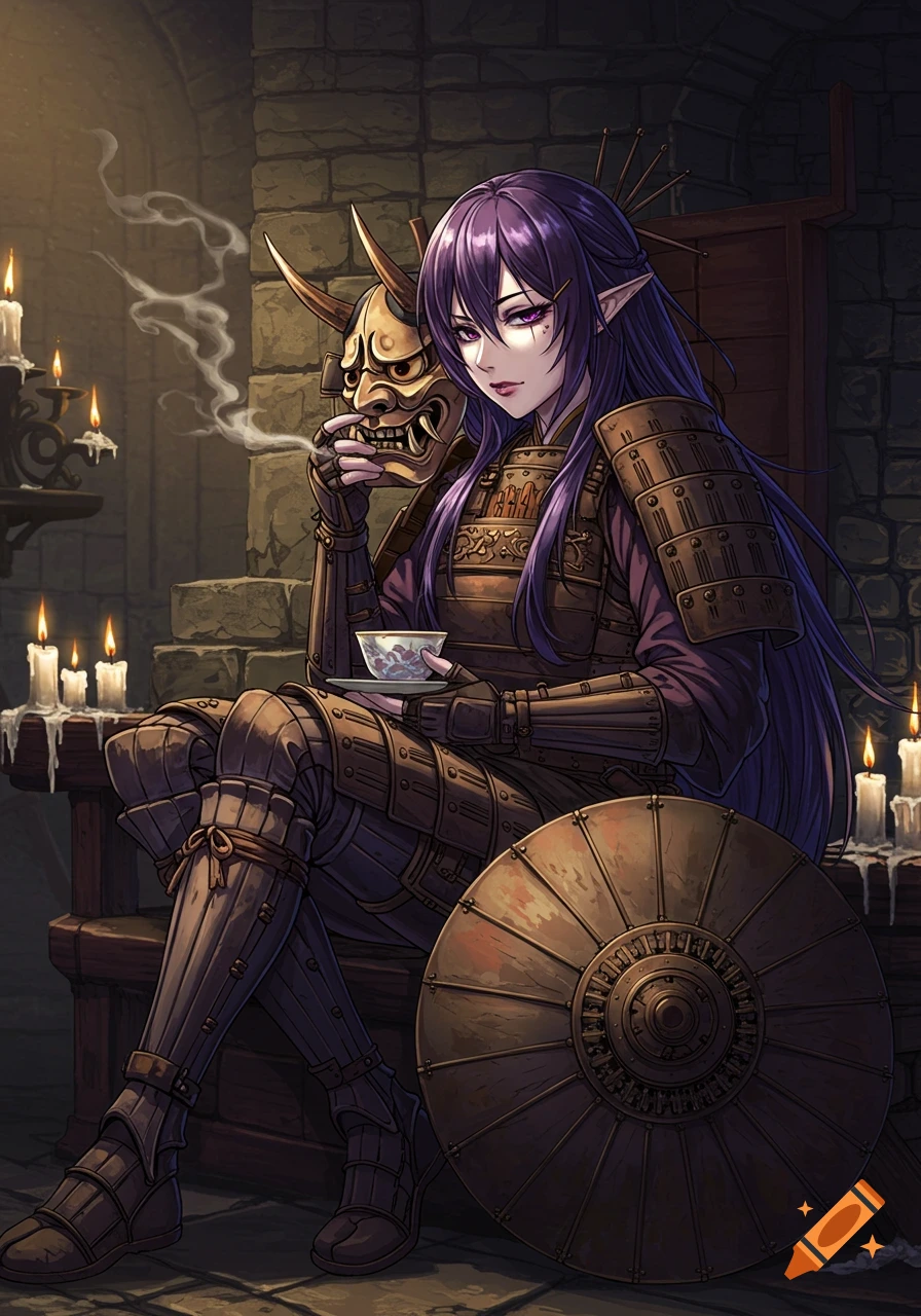Anime illustration of a purple-haired woman in samurai armor with elf ears, holding an oni mask and drinking tea in a candlelit dungeon next to a cog shield.
