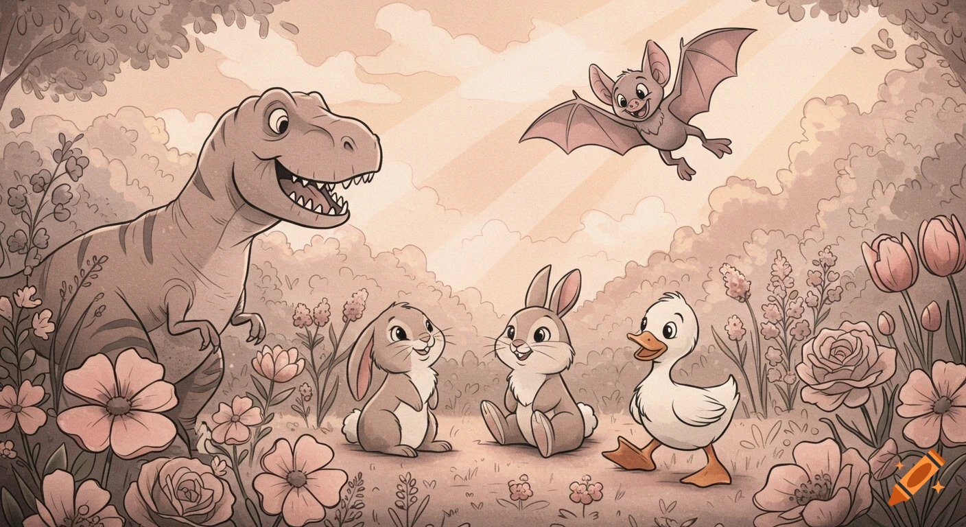 A sepia-toned cartoon of a friendly T-Rex, two bunnies, and a duckling in a flower field, with a bat flying overhead.