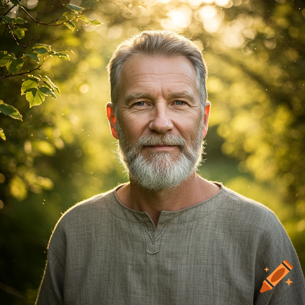 A photorealistic portrait of an older man with a gray beard and gray hair, wearing a linen shirt, looking directly at the viewer in a sunlit natural outdoor setting with blurred green foliage.