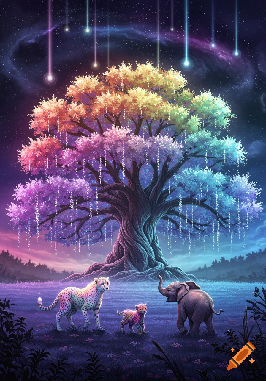 Fantasy scene with a rainbow-colored tree, starry galaxy sky, and a white cheetah, cub, and baby elephant in a purple field.