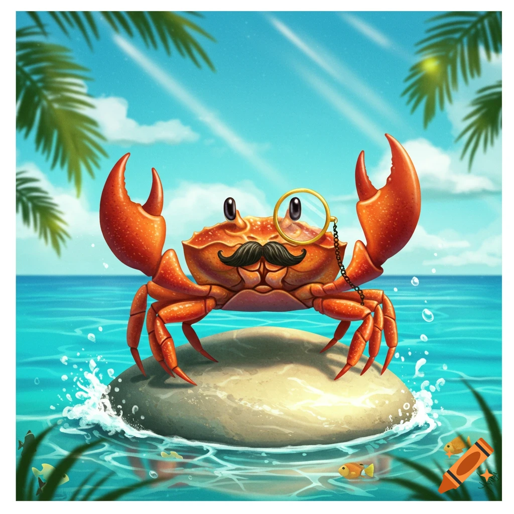 A cartoon crab with a mustache and monocle stands on a rock in the clear blue ocean.