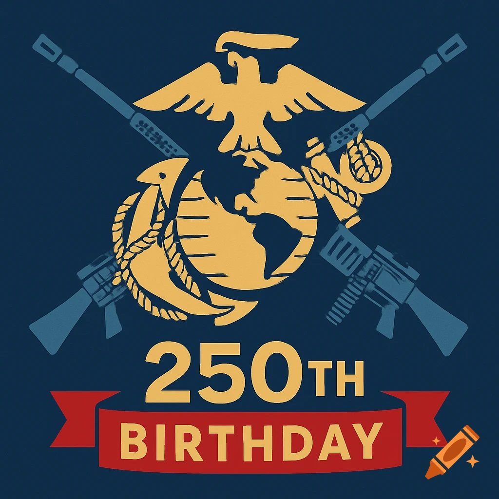 Marine Corps emblem with eagle, globe, and anchor, flanked by rifles, above a banner reading '250th Birthday'.