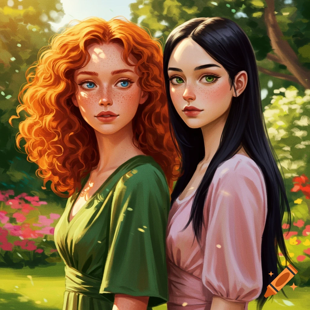 Digital art of two young women in a sunny garden: one with curly red hair and a green dress, the other with long black hair and a pink dress.