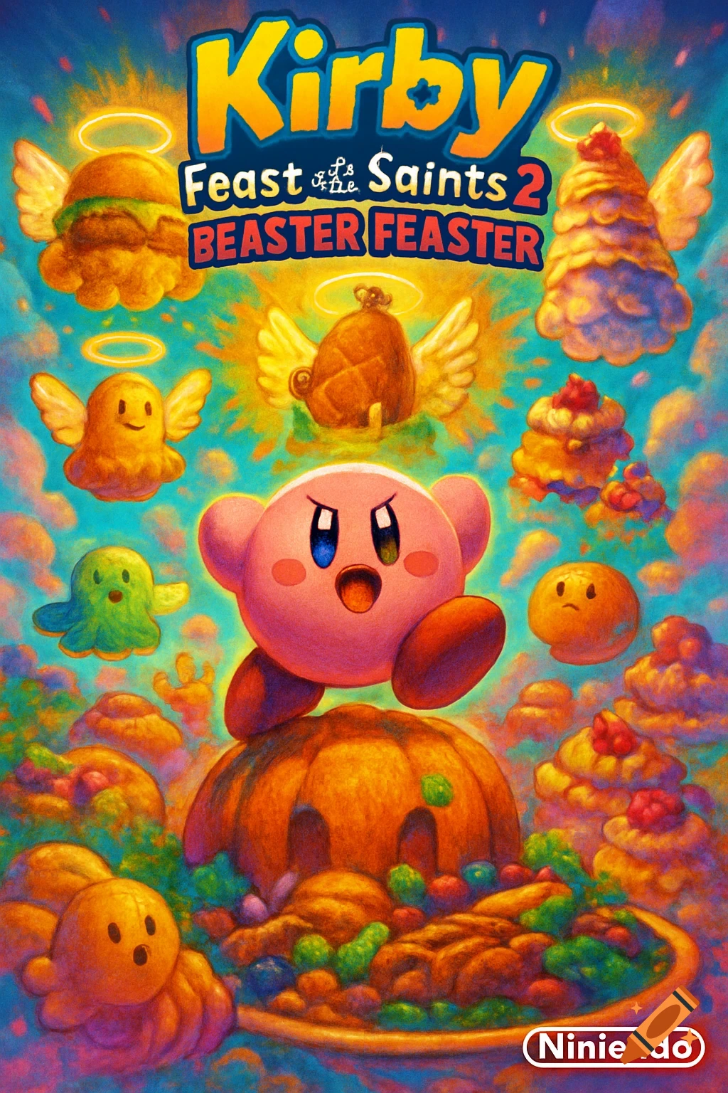 A colorful game cover for "Kirby: Feast of the Saints 2: BEASTER FEASTER" showing Kirby above a pumpkin, surrounded by winged food characters and other treats against a vibrant sky.