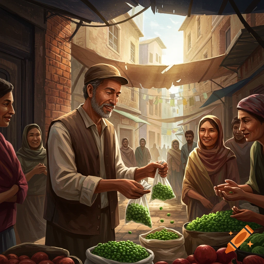 A man distributes bags of peas to people in a busy, sunny market street scene.