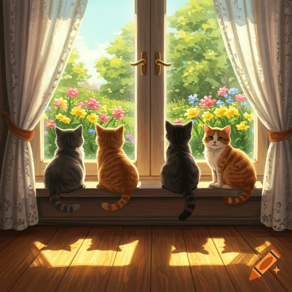 Four cats sitting on a windowsill looking out at a sunny garden with colorful flowers, painted in an illustrative style.