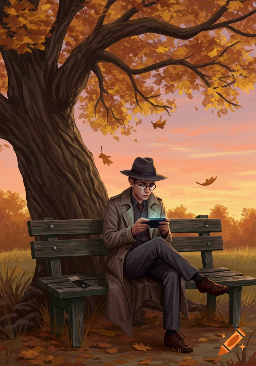 A man in a trench coat and hat sits on a park bench under an autumn tree, playing a handheld game console.