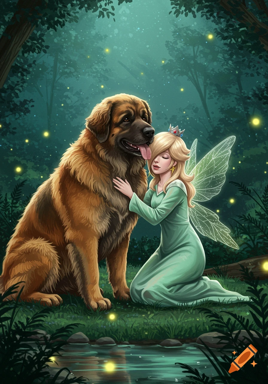A blonde fairy-like woman in a green dress kneels petting a large brown Leonberger dog, who licks her face, in an enchanted forest with fireflies, digital illustration.