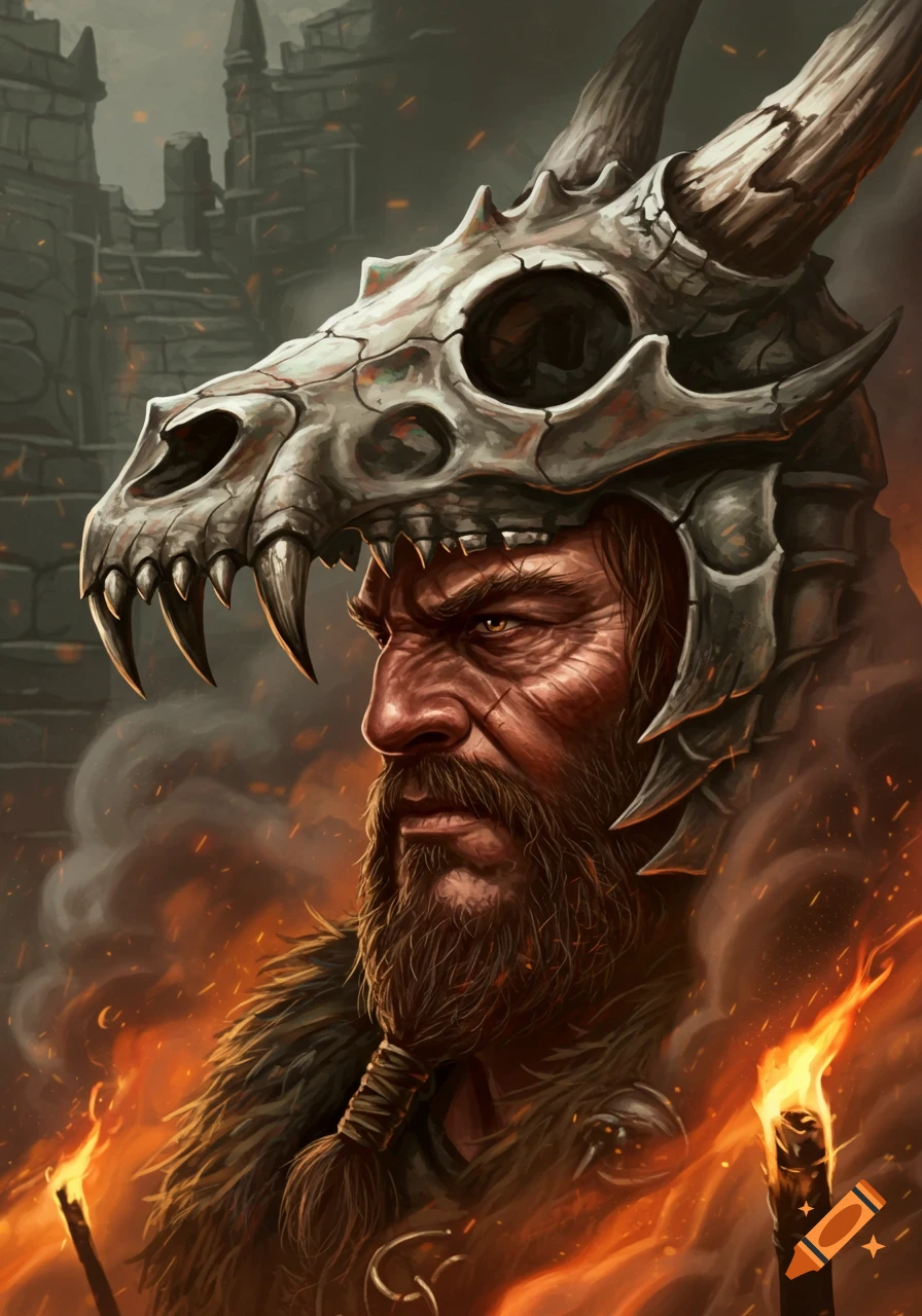 A fierce man with a beard wearing a dragon skull helmet, surrounded by fire, in a fantasy art style.