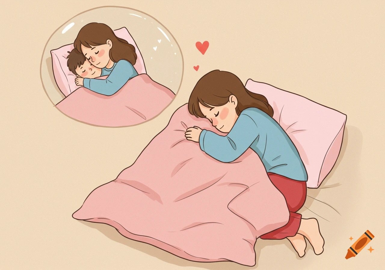 Cartoon illustration of a girl sleeping and dreaming of embracing a child in bed, rendered in a warm, hand-drawn style.